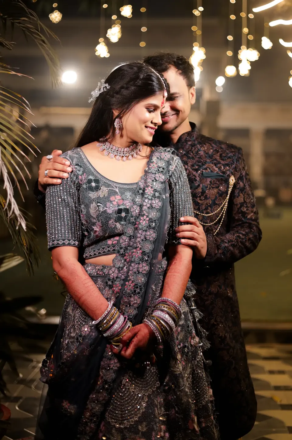 Engaged couple photographed at their evening celebration